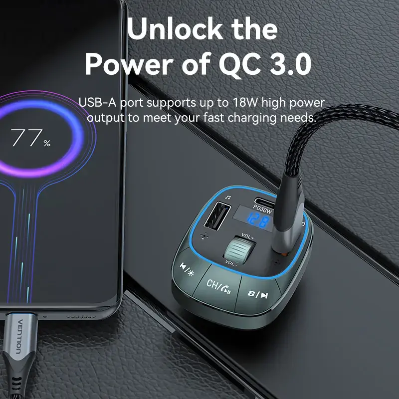 Cargador de coche Vention 3 puertos USB (USB-C + 2× USB-A) 30W/18W/5W negro