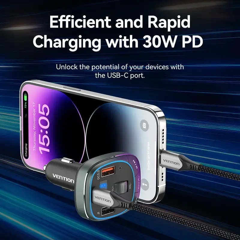 Cargador de coche Vention 3 puertos USB (USB-C + 2× USB-A) 30W/18W/5W negro