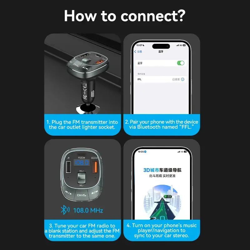 Cargador de coche Vention 3 puertos USB (USB-C + 2× USB-A) 30W/18W/5W negro