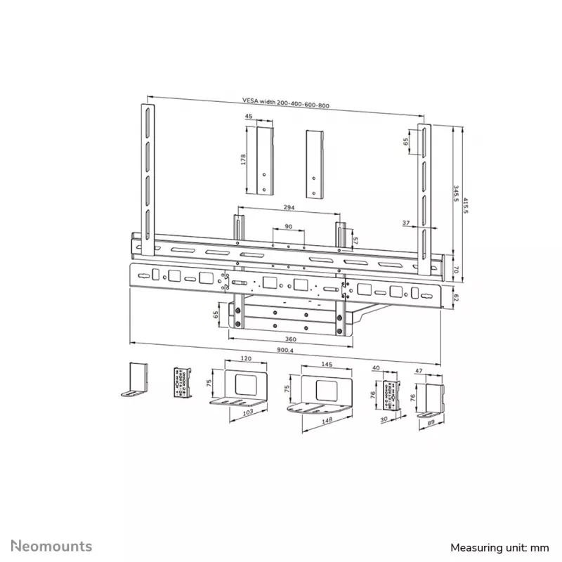 Kit de bandeja para videobar y portátil Neomounts AV60-500BL para pantallas de 43–110 inch, VESA hasta 600x400, carga máx. 8 kg, ancho 900 mm