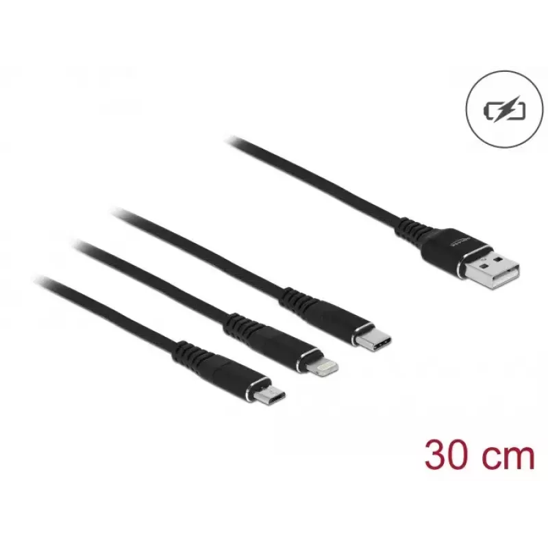 Cable de carga USB DeLOCK 3 en 1 Type-A a Lightning, Micro-USB, USB Type-C 30 cm negro