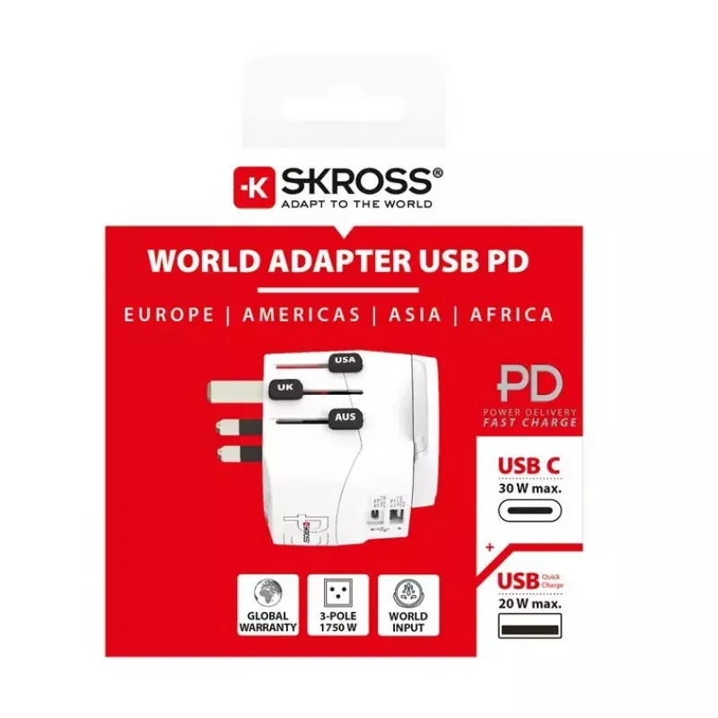Adaptador de enchufe Skross 61663 Universal blanco 100-250V 2,4A USB