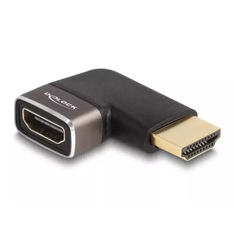 Adaptador HDMI DeLOCK conector macho a conector hembra 90° acodado a la izquierda 8K 60 Hz gris metal