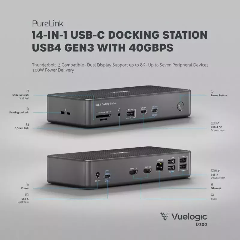 Dock para portátil PureLink VL-D200 con cable gris USB Power Delivery HDMI 2.0