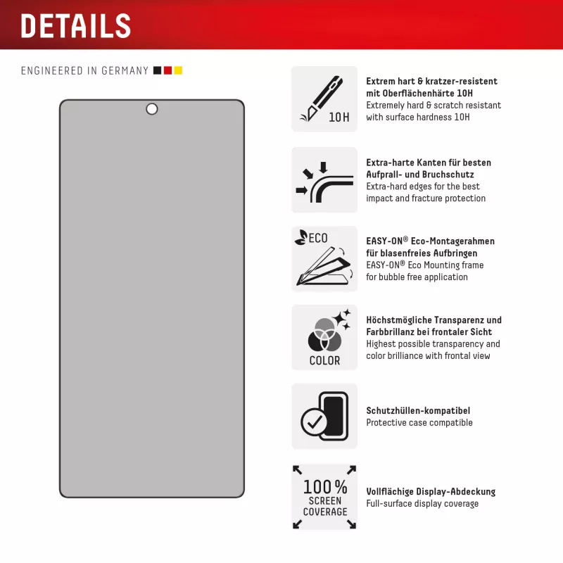 Protector de pantalla con privacidad Displex (10H) para Samsung Galaxy S25 Ultra, marco de montaje Eco, filtro de privacidad