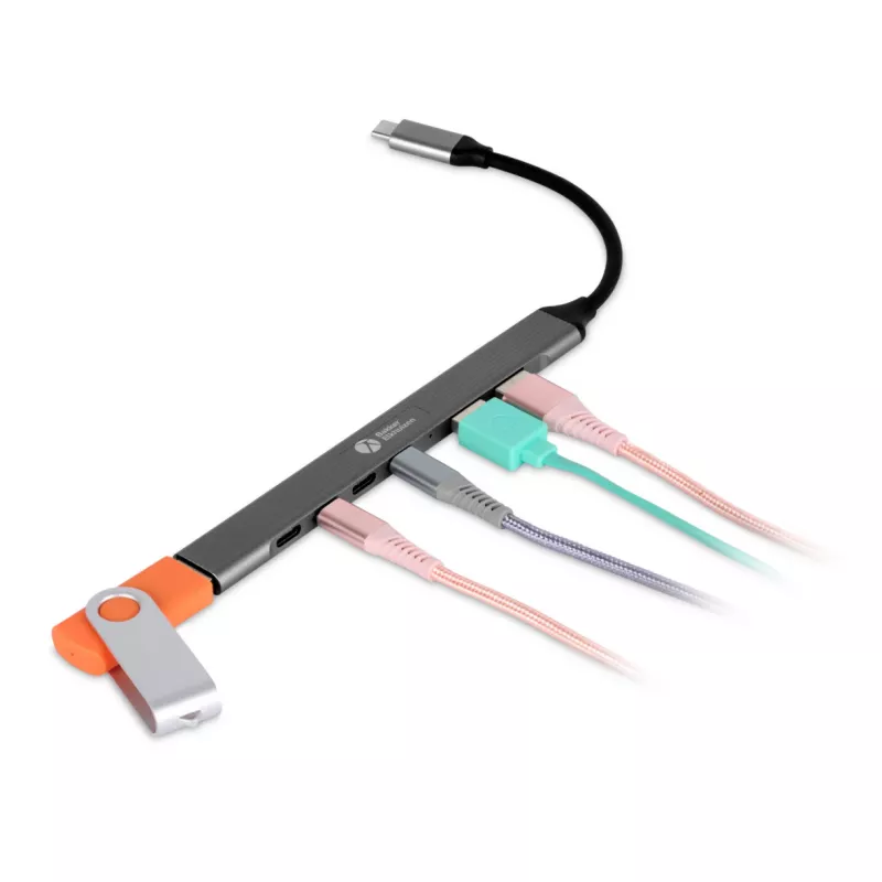 Hub USB-C 7 en 1 BakkerElkhuizen BNECHUB3A4C — 7 conexiones (USB 3.2 Gen1 A, USB 3.2 Gen1 C, USB 2.0), carcasa de aluminio, gris/negro