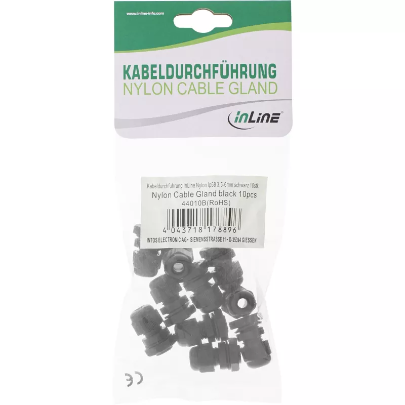 InLine 44010B prensaestopas PG 7, IP68, 3,5-6 mm, nailon con junta de neopreno, 10 uds., negro
