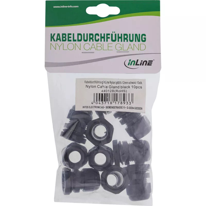 Prensaestopas InLine 44012B nylon IP68 para cable Ø6–12 mm, negro, pack de 10
