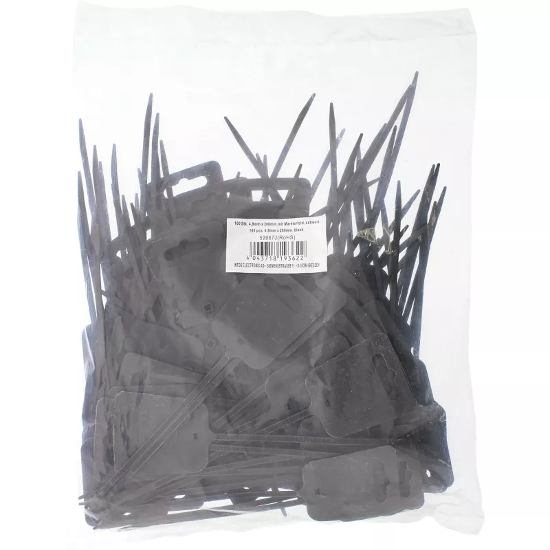 Bridas de marcado de cables InLine 200 mm x 5 mm, nailon, Eurohole, negro, 100 uds.