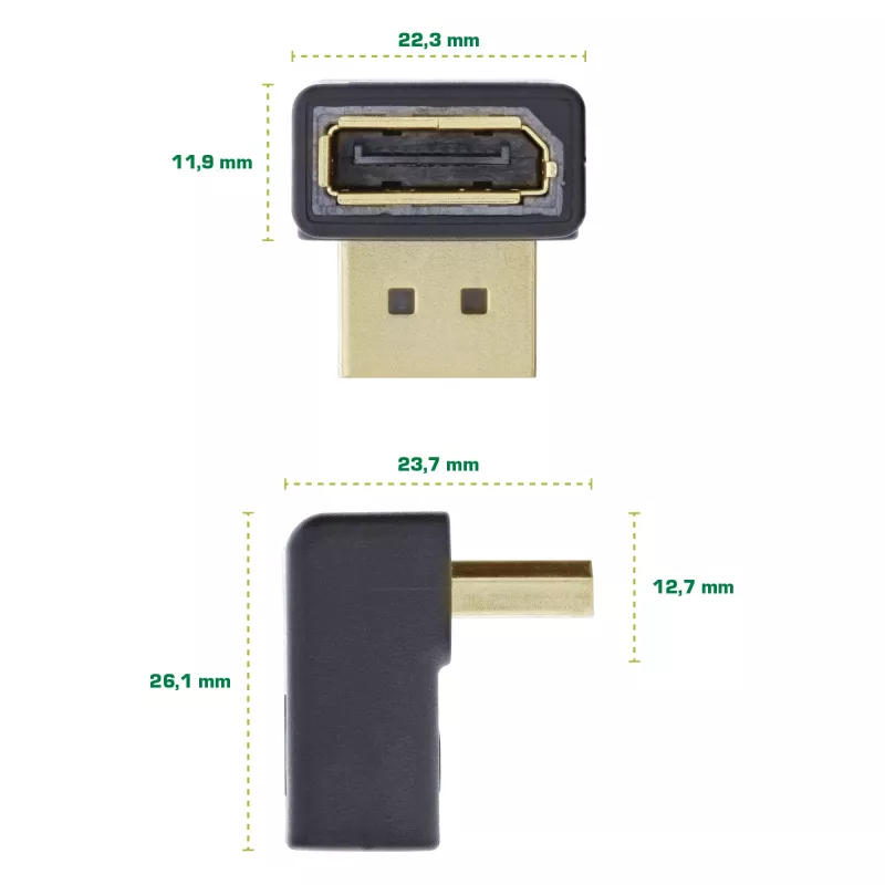 Adaptador DisplayPort InLine, conector macho / hembra DisplayPort, acodado hacia arriba