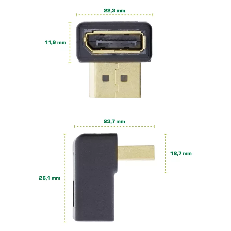 Adaptador DisplayPort InLine, conector macho / hembra DisplayPort, acodado hacia abajo