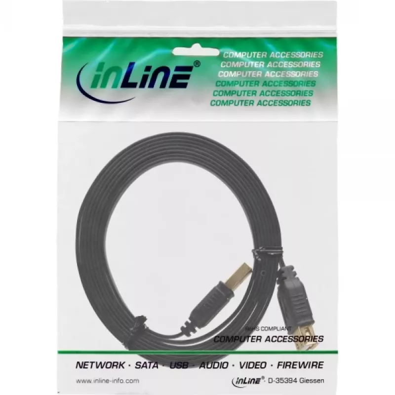 Cable plano USB 2.0 InLine, conector macho / hembra Type-A, bañado en oro, negro, 5 m
