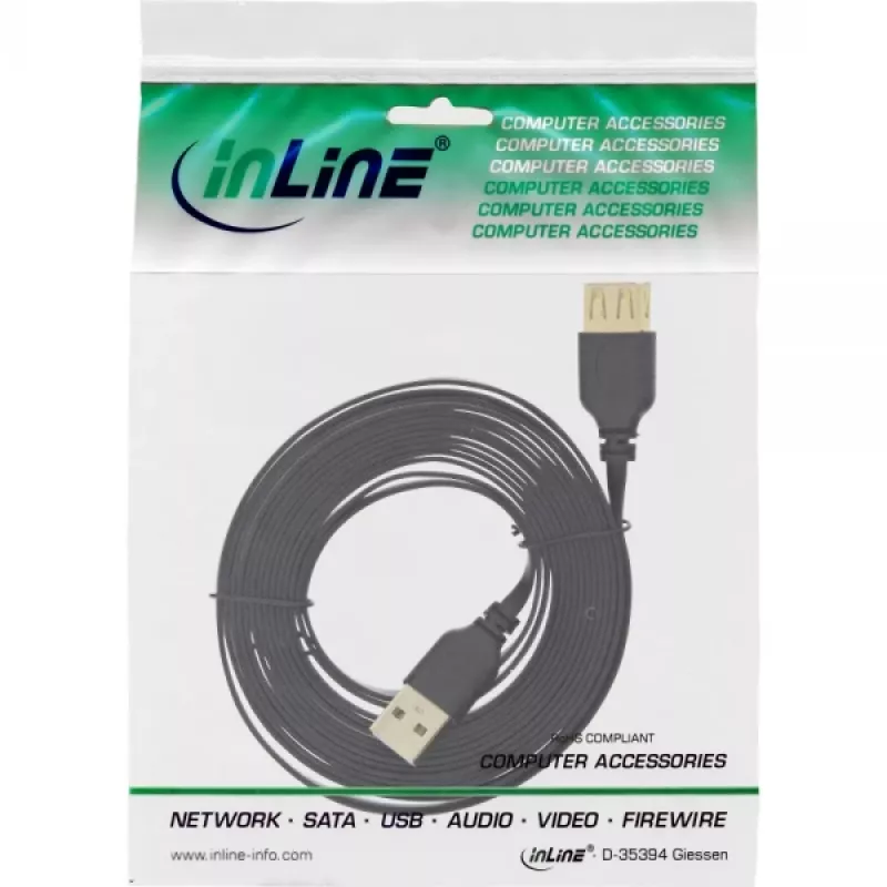Cable plano USB 2.0 InLine, conector macho / hembra Type-A, bañado en oro, negro, 3 m