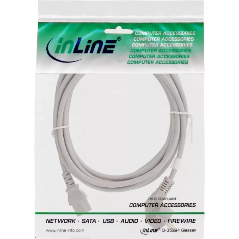Cable de alimentación InLine, CEE 7/7 acodado / conector macho IEC C13 de 3 polos, gris, 2 m