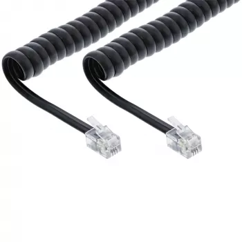 Cable espiral InLine RJ10 directamente conectado, conector macho / conector macho, negro, hasta 2 m