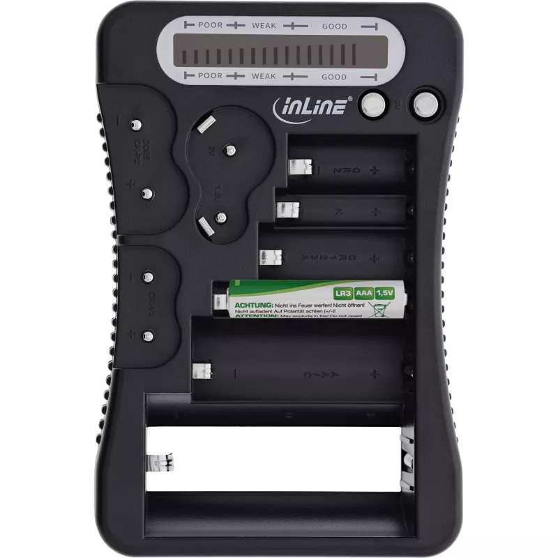 Comprobador de baterías InLine 01285 con pantalla LCD para pilas de botón y cilíndricas