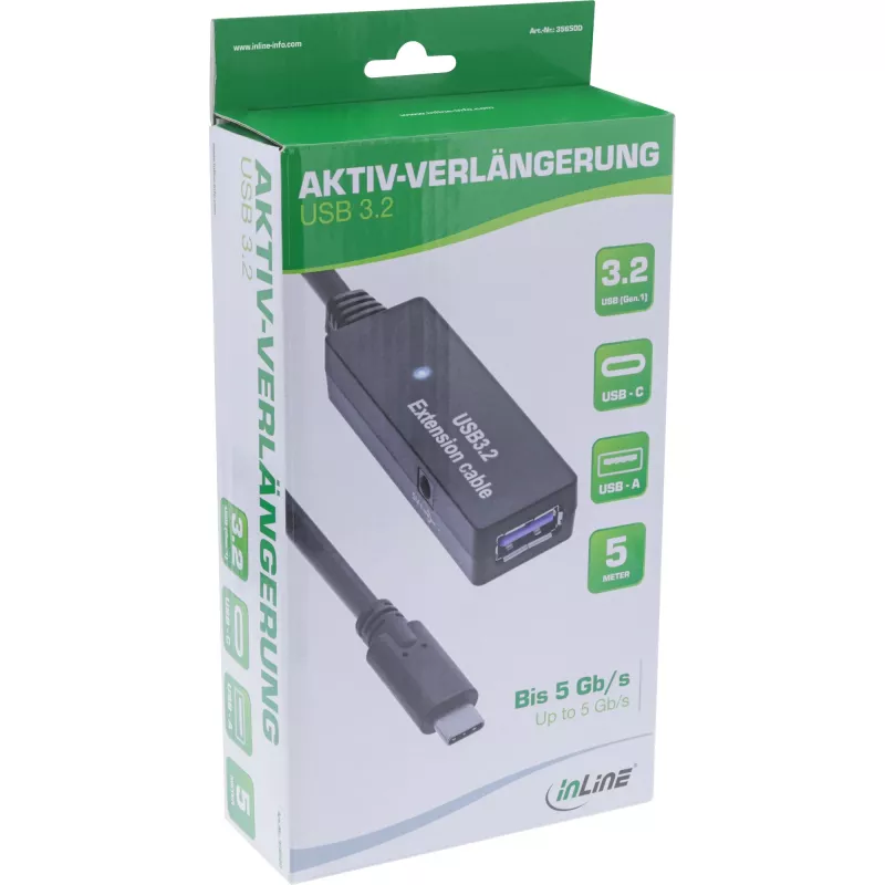 Extensión activa USB 3.2 Gen.1 InLine, conector macho USB-C a conector hembra USB-A, 5 m