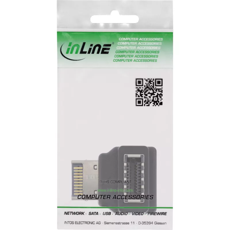 Adaptador USB 3.2 InLine interno, conector macho USB-E de panel frontal a conector hembra USB-E 90°