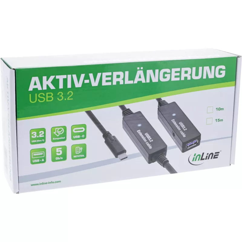 Extensión activa USB 3.2 Gen.1 InLine, conector macho USB-C a conector hembra USB-A, 10 m