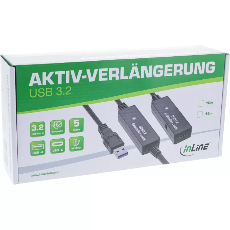 Extensión activa USB 3.2 Gen.1 InLine, conector macho USB-A a conector hembra USB-C, 15m