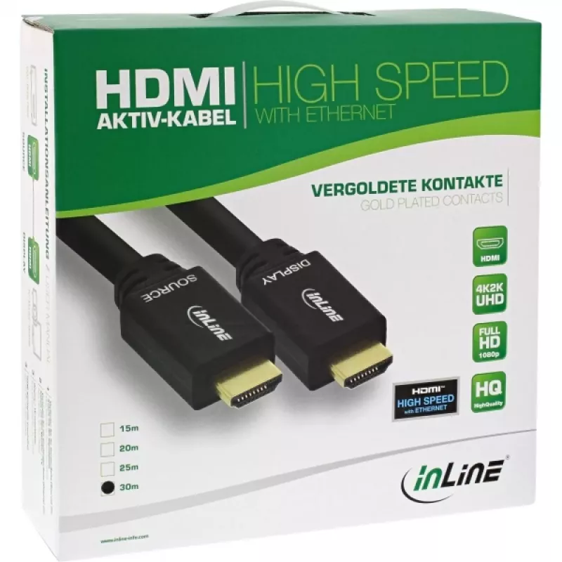 Cable HDMI High Speed activo InLine con Ethernet, M/M, negro, contactos dorados, 30 m