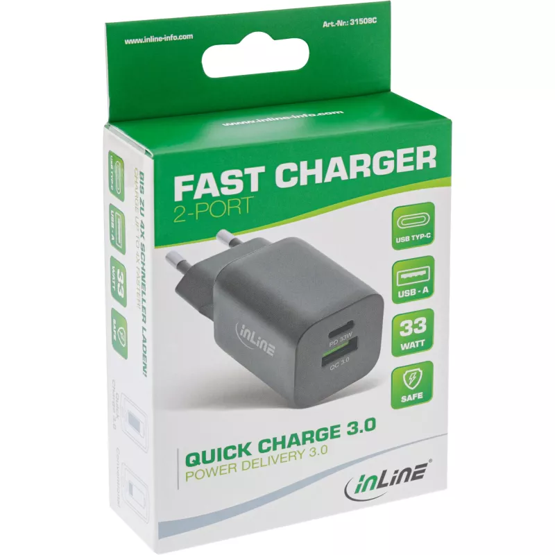 InLine Fuente de alimentación USB cargador USB-A + USB Type-C 33W PD + QC