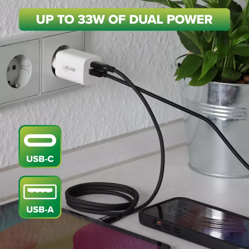 InLine Fuente de alimentación USB cargador USB-A + USB Type-C 33W PD + QC