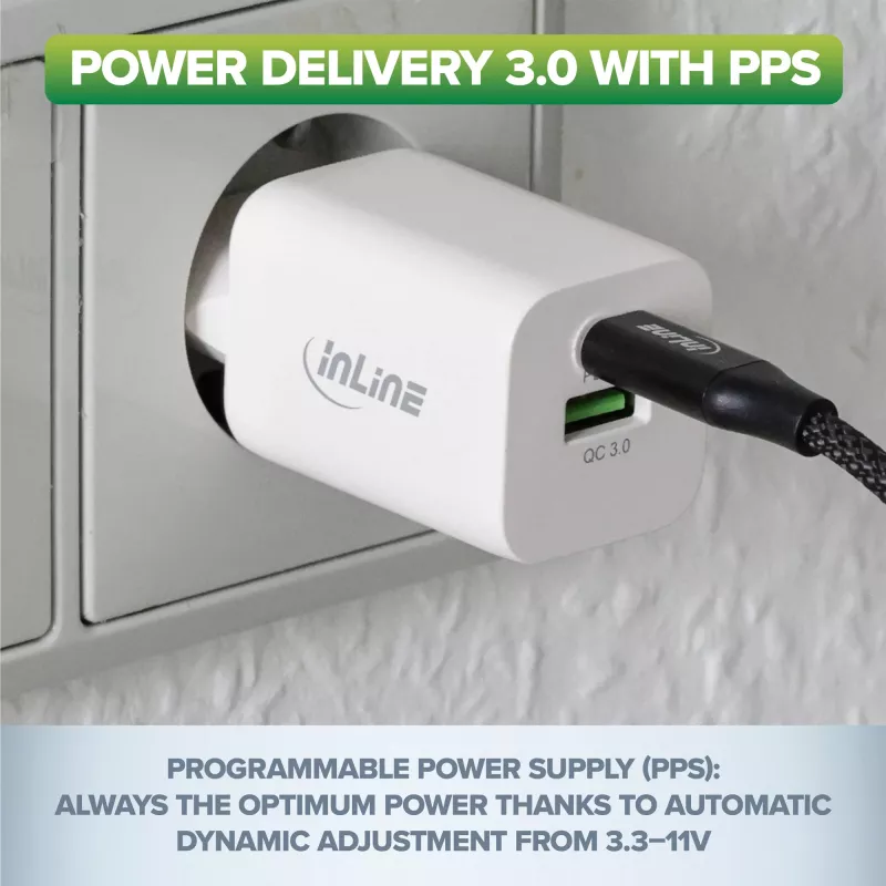 InLine Fuente de alimentación USB cargador USB-A + USB Type-C 33W PD + QC