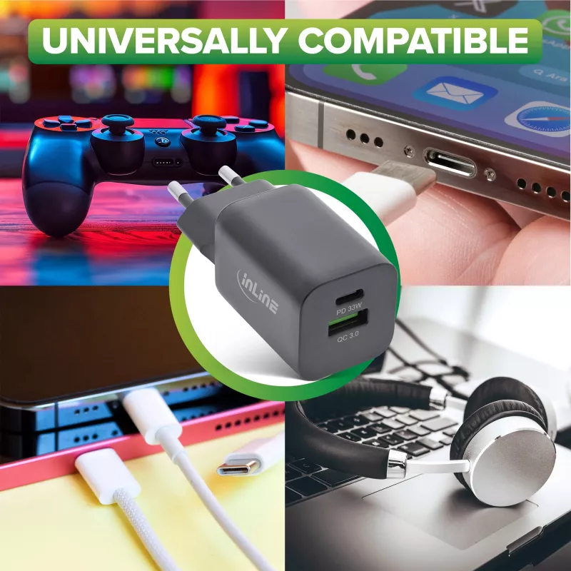 InLine Fuente de alimentación USB cargador USB-A + USB Type-C 33W PD + QC