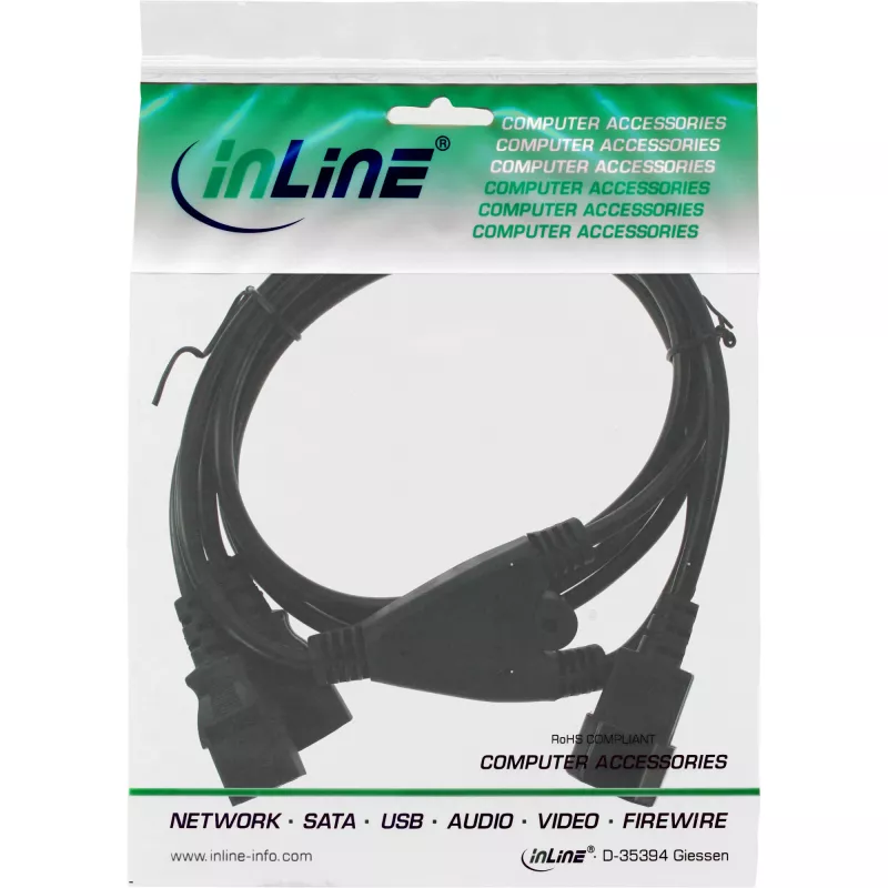 Cable en Y de alimentación InLine con conector Schuko 1x IEC-C14 a 2x IEC-C13 1,8 m