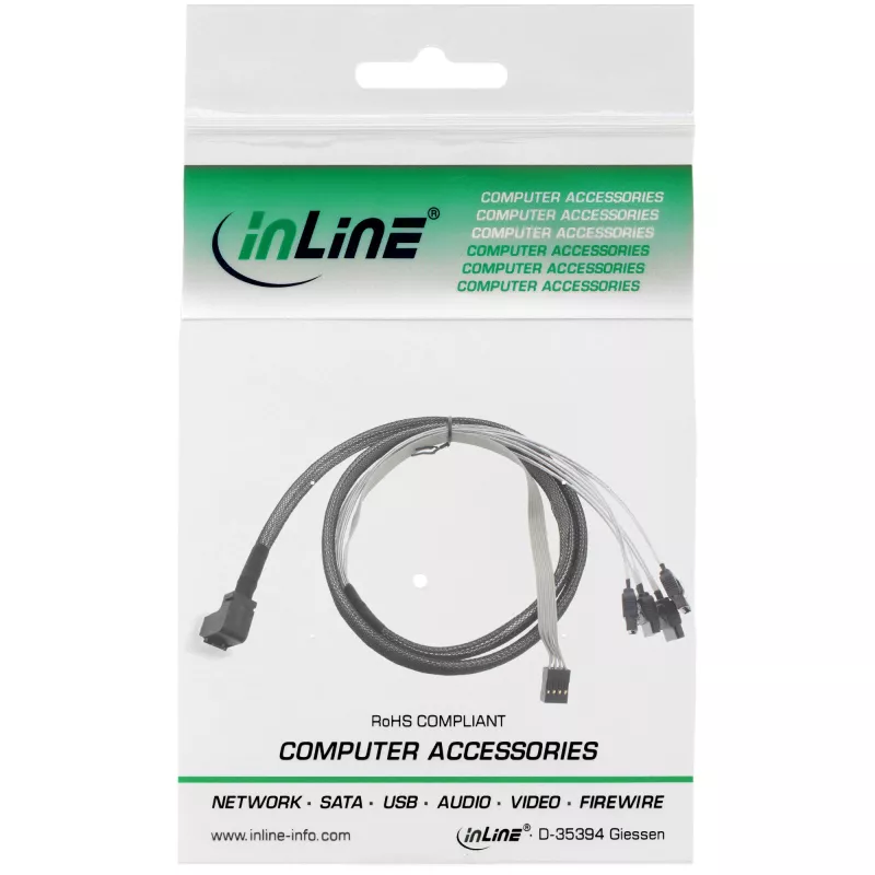 Cable Mini SAS HD InLine SFF-8643 en ángulo a 4x SATA + Sideband 0,5 m