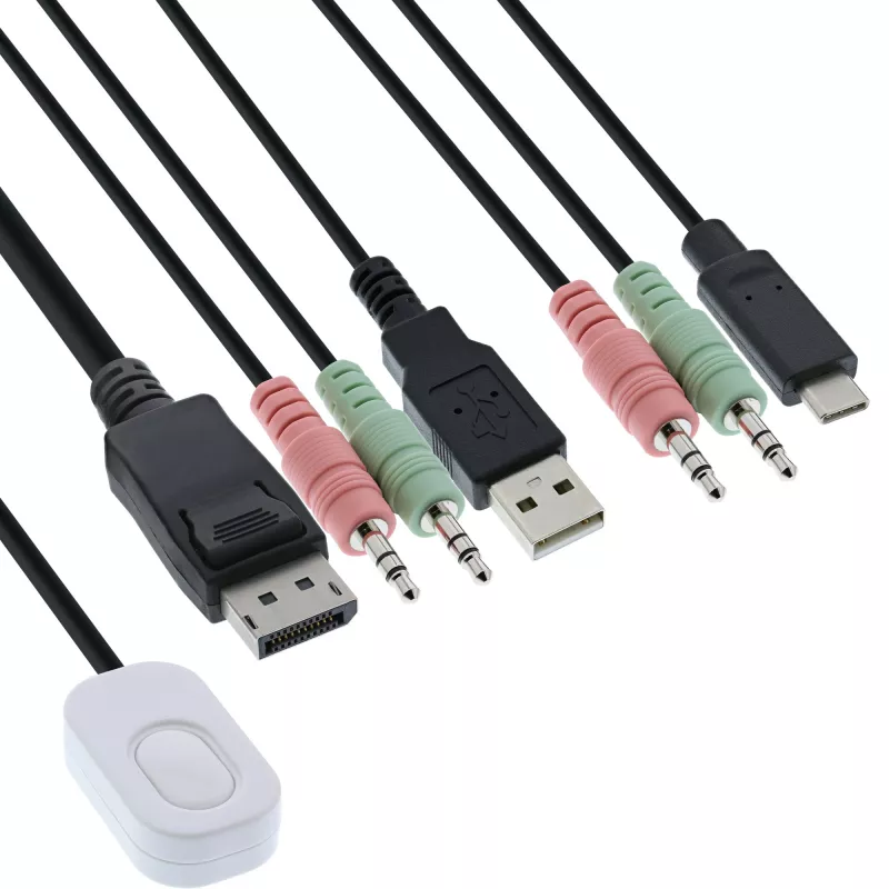 InLine conmutador KVM, 2 puertos, USB-C+DP a DisplayPort, 4K, audio, cable integr.