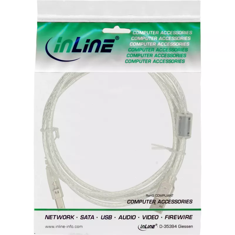 InLine cable USB 2.0 conector tipo A macho / conector B macho transparente, núcleo de ferrita, 0,3 m