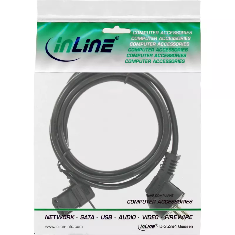 InLine cable de alimentación, CEE 7/7 acodado / conector IEC C13 de 3 polos acodado a la izquierda, negro, 0,3 m