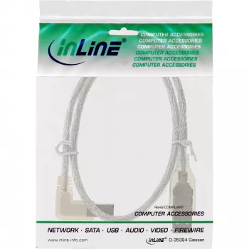 InLine cable USB 2.0 acodado a la izquierda conector tipo A macho / conector B macho transparente 0,3m