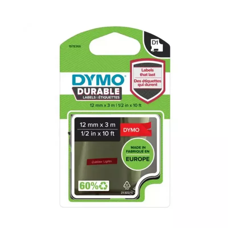 DYMO D1 1978366 Cinta de etiquetas, blanco sobre rojo, 12 mm x 3 m
