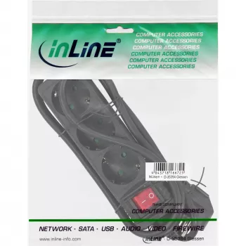 Regleta de enchufes InLine, 3 tomas Schutzkontakt CEE 7/3, con interruptor, negra, 3 m