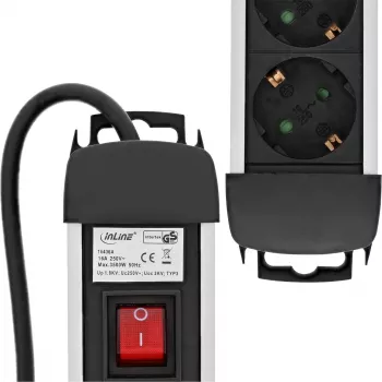 Regleta de enchufes InLine, aluminio, 3 tomas con interruptor de protección, 1,5 m