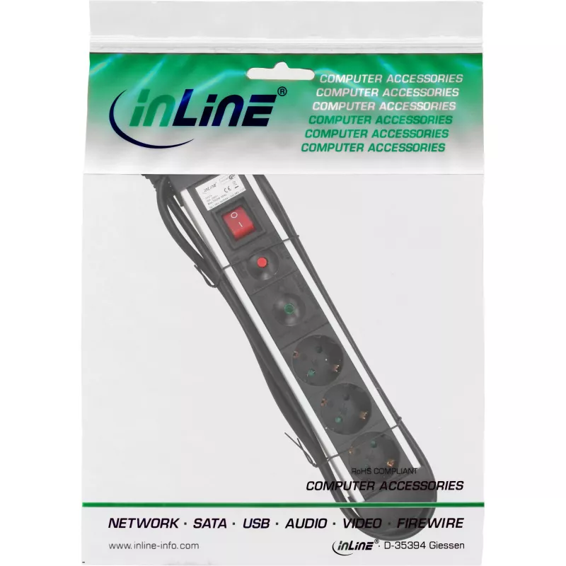 Regleta de enchufes InLine, aluminio, 3 tomas con interruptor de protección, 1,5 m