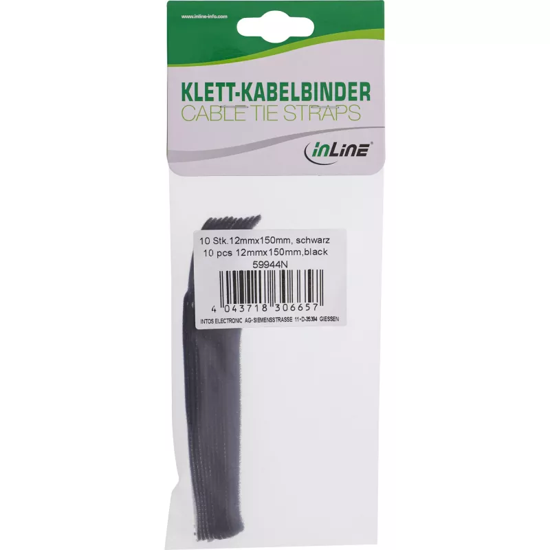 Bridas de cable con velcro InLine 12×150 mm, 10 uds., negras