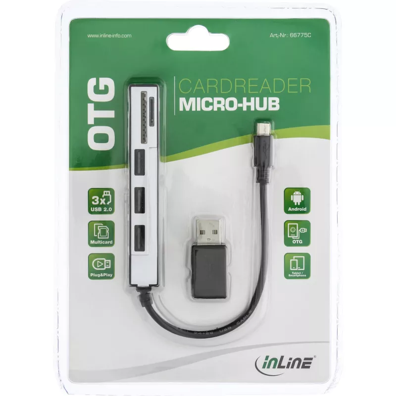 Lector de tarjetas USB OTG InLine y hub USB 2.0 de 3 puertos para SDXC y microSD + adaptador