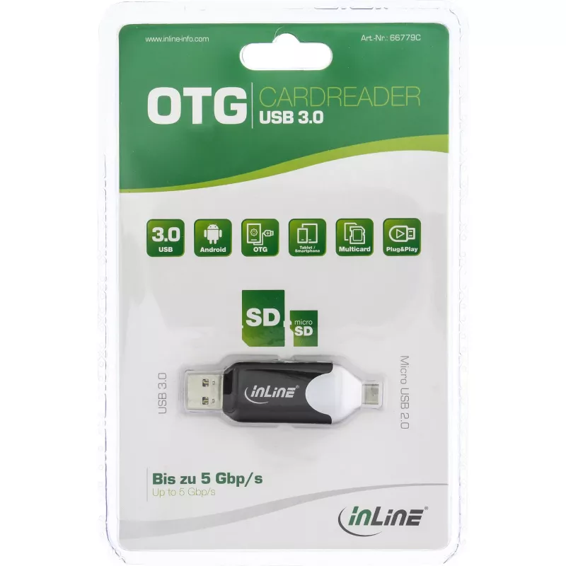 Lector de tarjetas dual USB3.0 InLine, USB A y Micro-USB 2.0 para SDXC y microSDXC