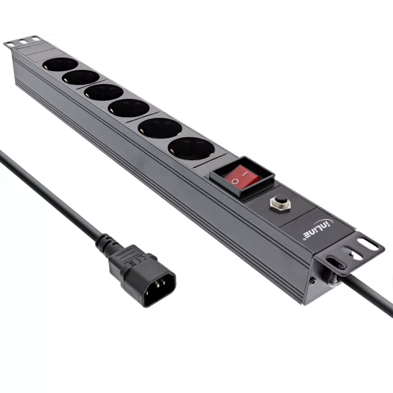 Regleta de enchufes para rack de 19 inch InLine, 6 tomas CEE7/7, C14 protección contra sobrecargas, interruptor, 2m