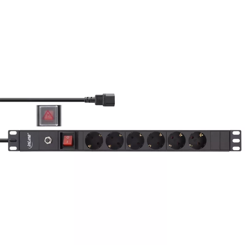 Regleta de enchufes para rack de 19 inch InLine, 6 tomas CEE7/7, C14 protección contra sobrecargas, interruptor, 2m