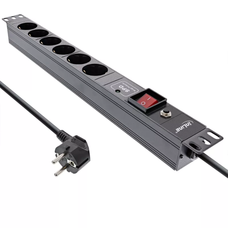 Regleta de enchufes para rack de 19 inch InLine, 6 tomas, protección contra sobretensiones y sobrecargas, interruptor