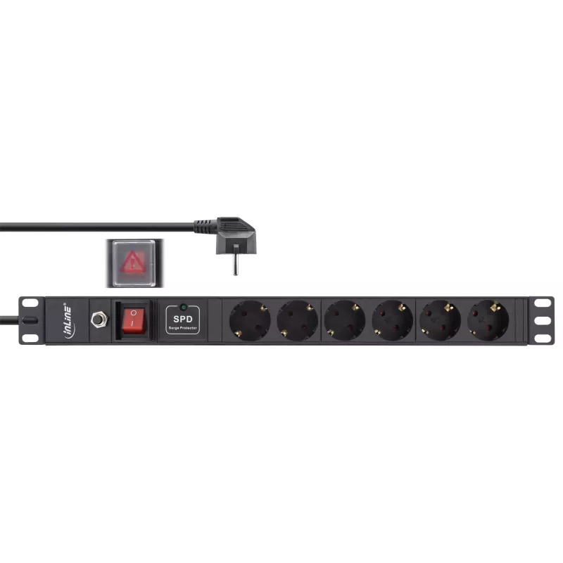 Regleta de enchufes para rack de 19 inch InLine, 6 tomas, protección contra sobretensiones y sobrecargas, interruptor