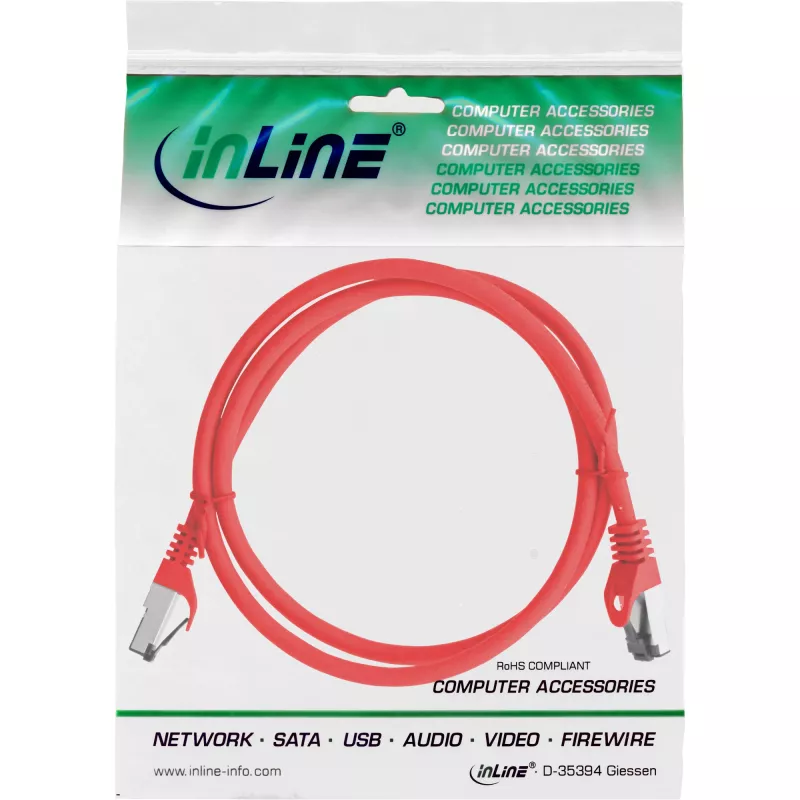 InLine Cable de red, S/FTP (PiMf), Cat.8.1, 2000MHz, libre de halógenos, rojo, 1m
