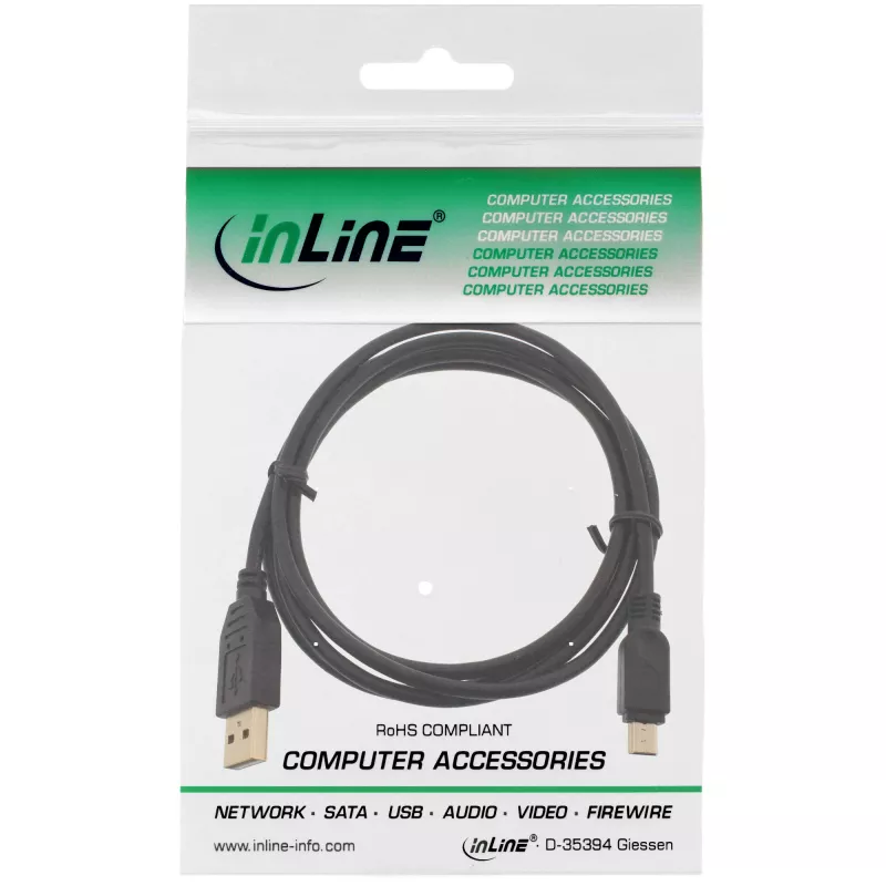 InLine cable Mini USB 2.0, conector Type-A macho / conector Mini-B macho (5 pines), negro/dorado, 0,5 m