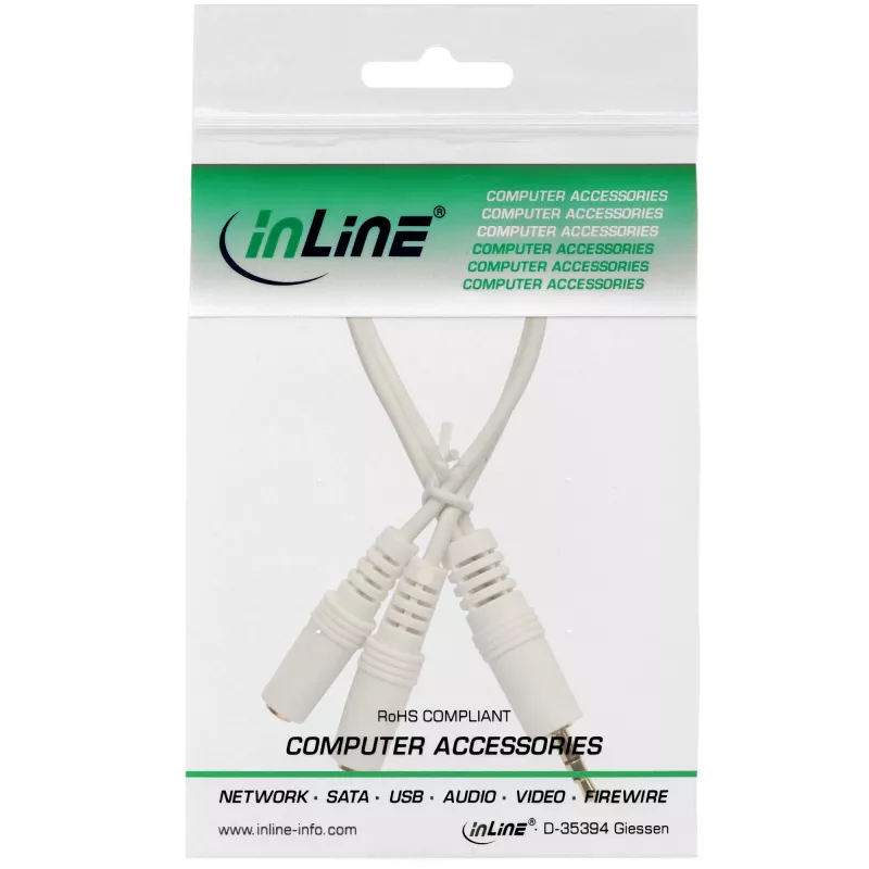 Cable en Y estéreo InLine jack 3,5 mm macho a 2 x jack 3,5 mm hembra blanco/dorado, 0,1 m