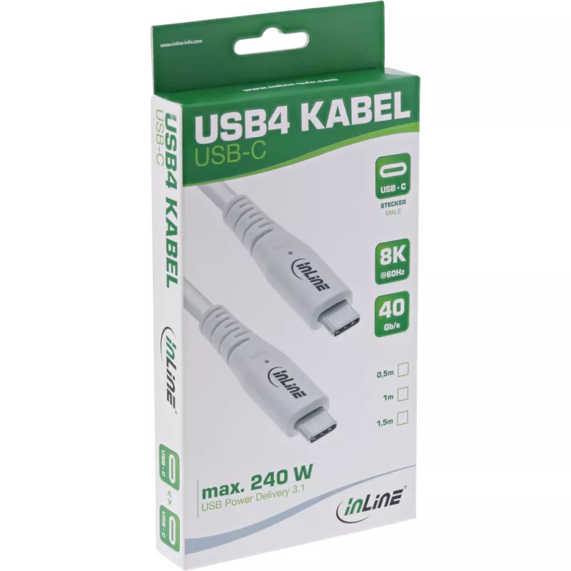 Cable USB4 InLine, USB-C conector macho/macho, PD 240W, 8K60Hz, TPE, blanco, 1,5m